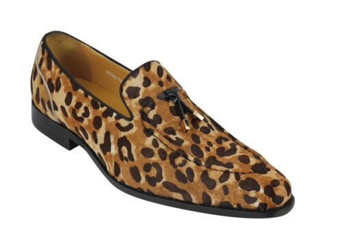 Mens Vintage Leopard Print Real Leather Tassel Loafers Slip on Moccasin Shoes UK - Picture 1 of 7