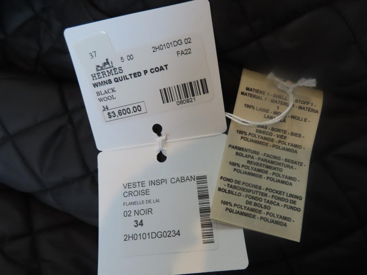 NWT Hermes Black Quilted Detail Wool Pea Coat/Jacket F 34/US