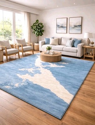 Antique Hand Tufted Wool Rug 8x10 Blue Ivory Soft Area Carpet Living Room Rug