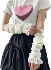 POHADON Kawaii Long Fingerless Gloves Lace Arm Warmers for One Size, White