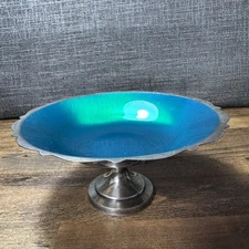 Wm. A. Rogers MID-CENTURY silver plate green enamel compote CANDY DISH BOWL