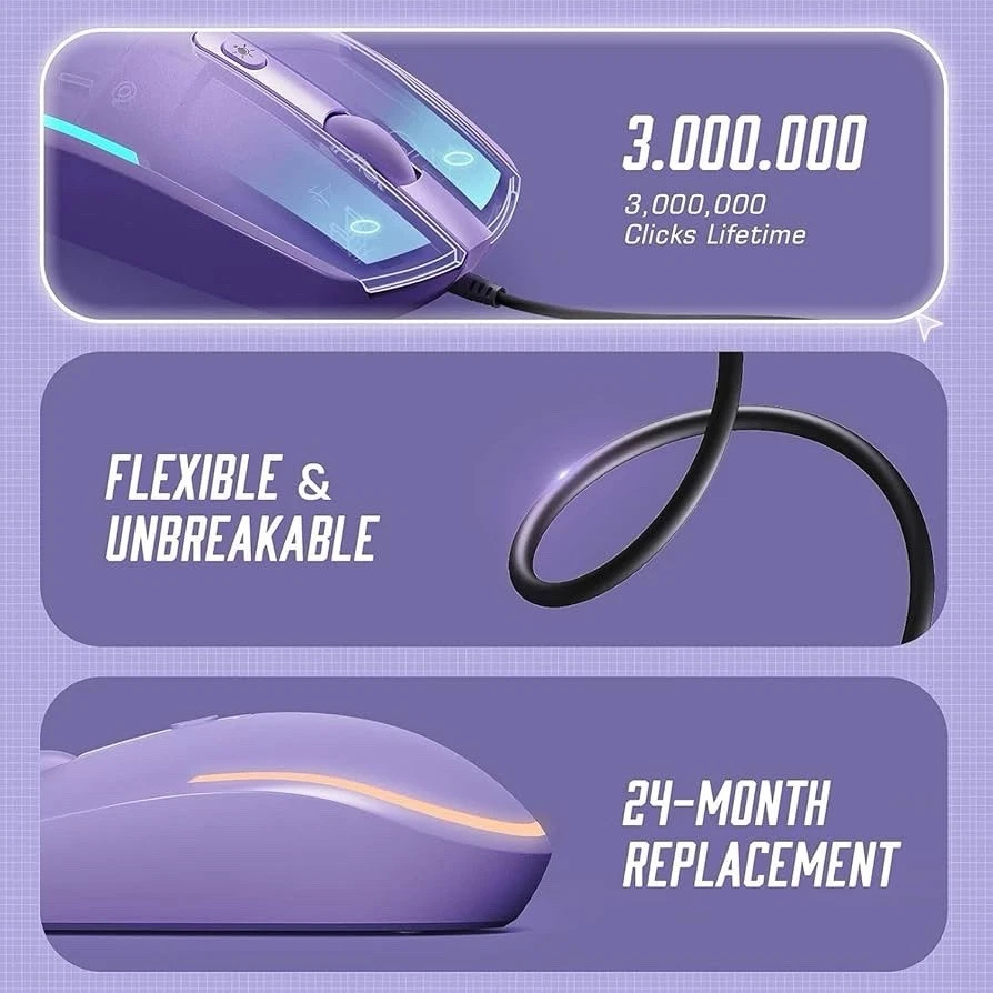 Seenda Wired Mouse, LED RGB Backlit Mouse with 1.5m USB Cable, 1600 DPI - Image 3 of 4