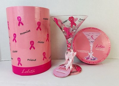 Lolita Pink Ribbon Breast Cancer Awareness Hand Painted 7oz Martini Glass OB