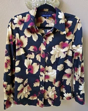 Jones New York Signature Sz M Black Floral Cotton Button Down Blouse
