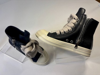 Rick Owens Black White Leather High-Top Sneakers with Zipper  display picture 2