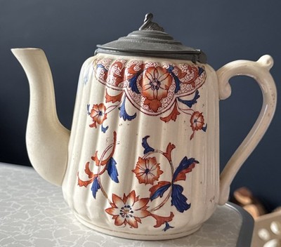 Vintage Ceramic Teapot With Pewter Lid. Unmarked. 6  High. Damage To Hinged Lid.
