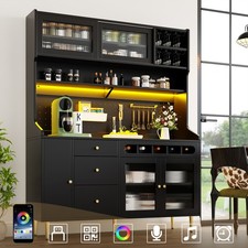 Tall Cabinet Storage Sideboard LED Lights Adjustable Shelves Wine Racks Black
