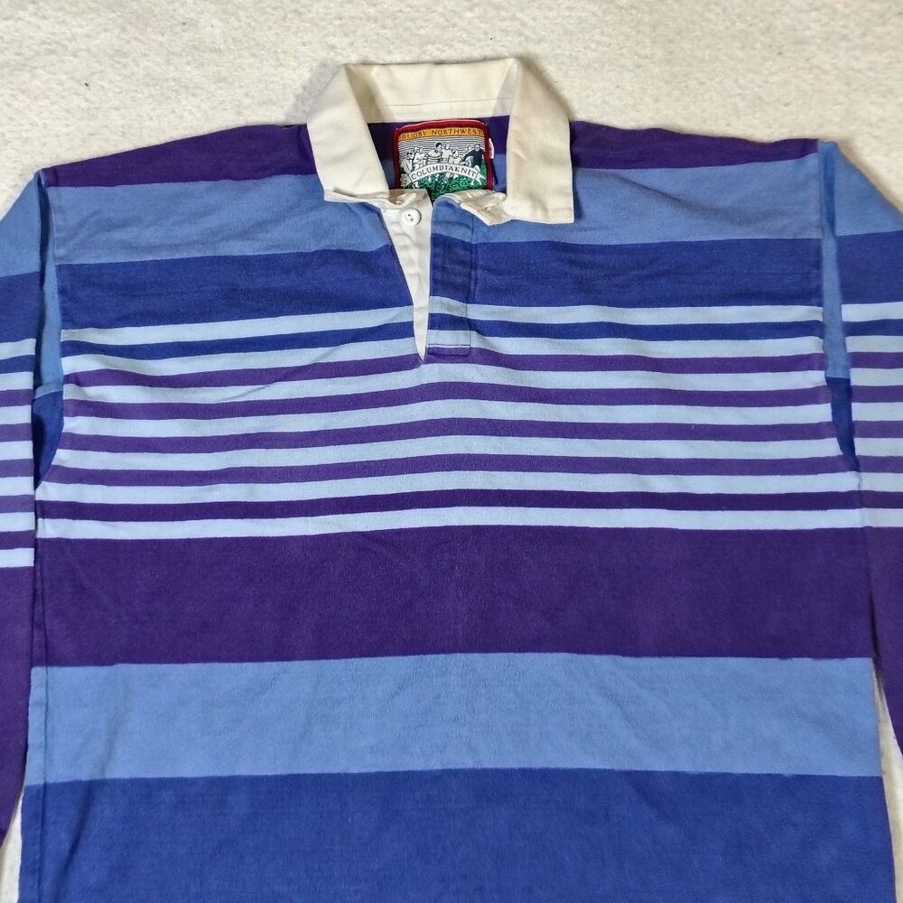 VINTAGE Columbia Knit Rugby Shirt Size Large Purple Striped Long