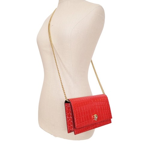 NEW $990 ALEXANDER MCQUEEN Deep Red CROC EMBOSSED Leather GOLD SKULL Chain BAG - Picture 2 of 20