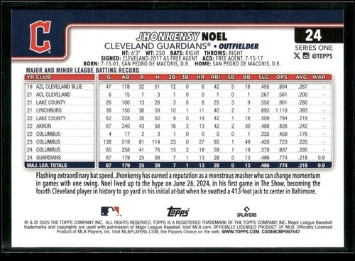 2025 Topps #24 Jhonkensy Noel Cleveland Guardians Rookie - Picture 2 of 2
