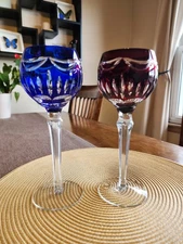 2 Cranberry & Cobalt Blue Cut to Clear Crystal Hock Wine Glasses 8" Tall