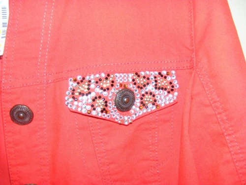 New $78 PROSPER & DEVINE dressy red denim jacket L Large embellished pockets - Picture 3 of 7
