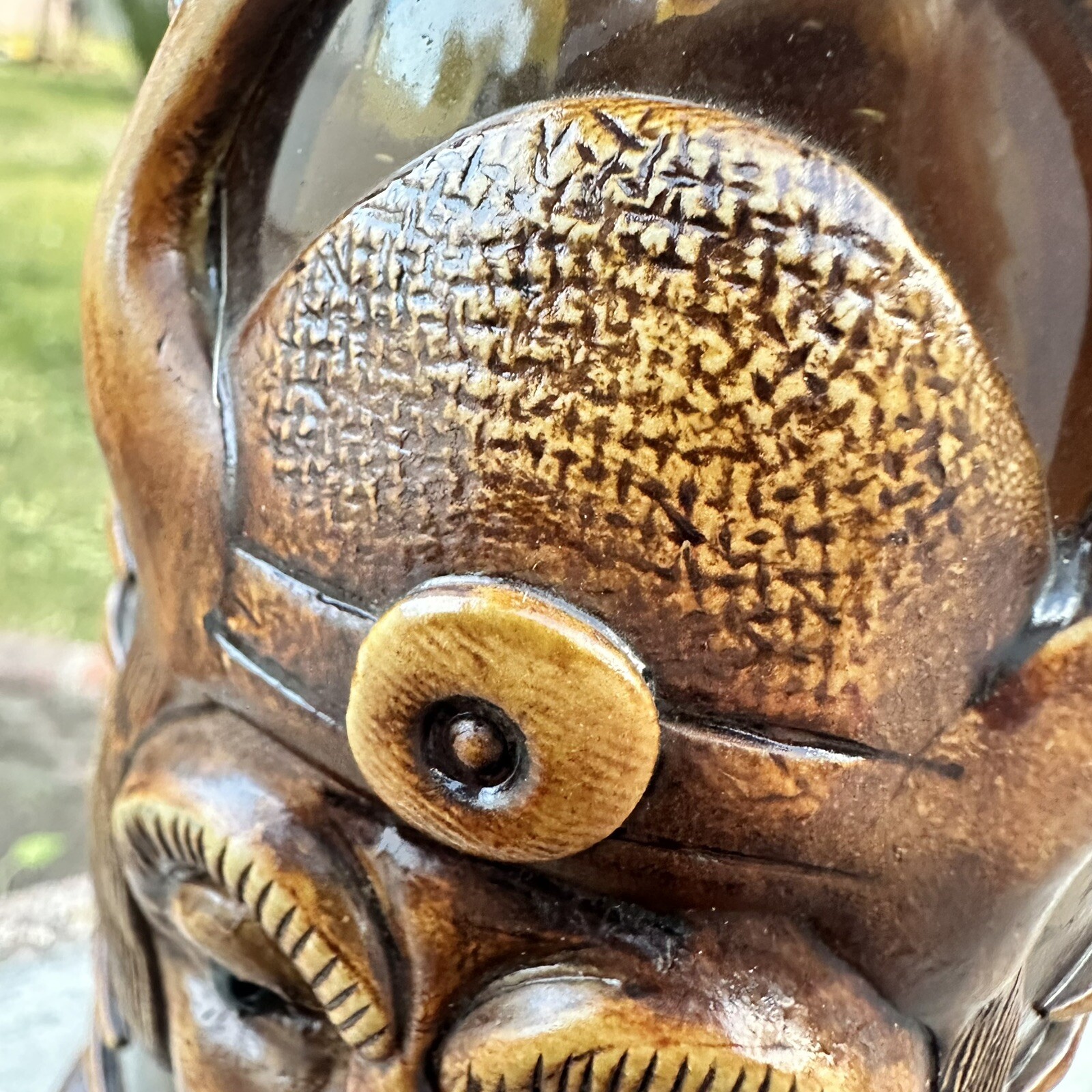 VIKING Folk Art Leather Wrapped Plaster Wine Bottle Decanter Unique Vintage OOAK