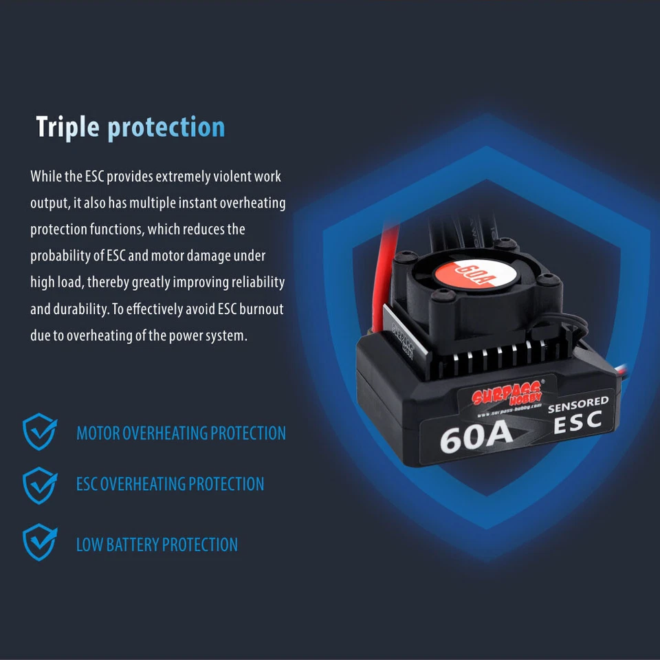SURPASS HOBBY 60A Brushless ESC 6V/3A BEC für 1/10 1/12 RC Car 380 390 540 Motor - Bild 4 von 4