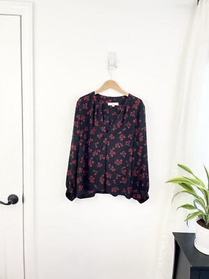 Ann Taylor LOFT L Black Red Floral Long Sleeve Blouse Women s Large 