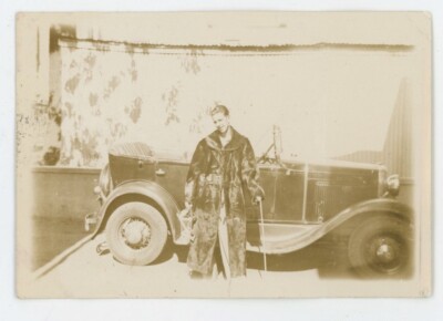 Vintage Photo Dapper Man In Velvet Fur Cape Vintage Convertable Car Cane 1940s