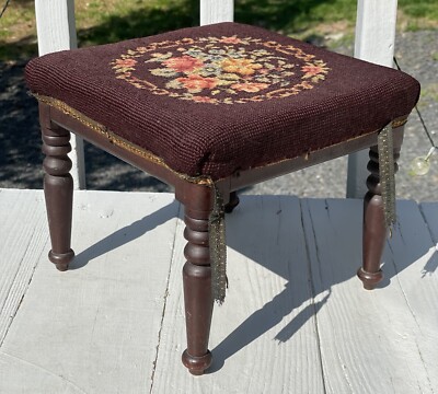 Antique Victorian Embroidery Topped Wooden Footstool Stool