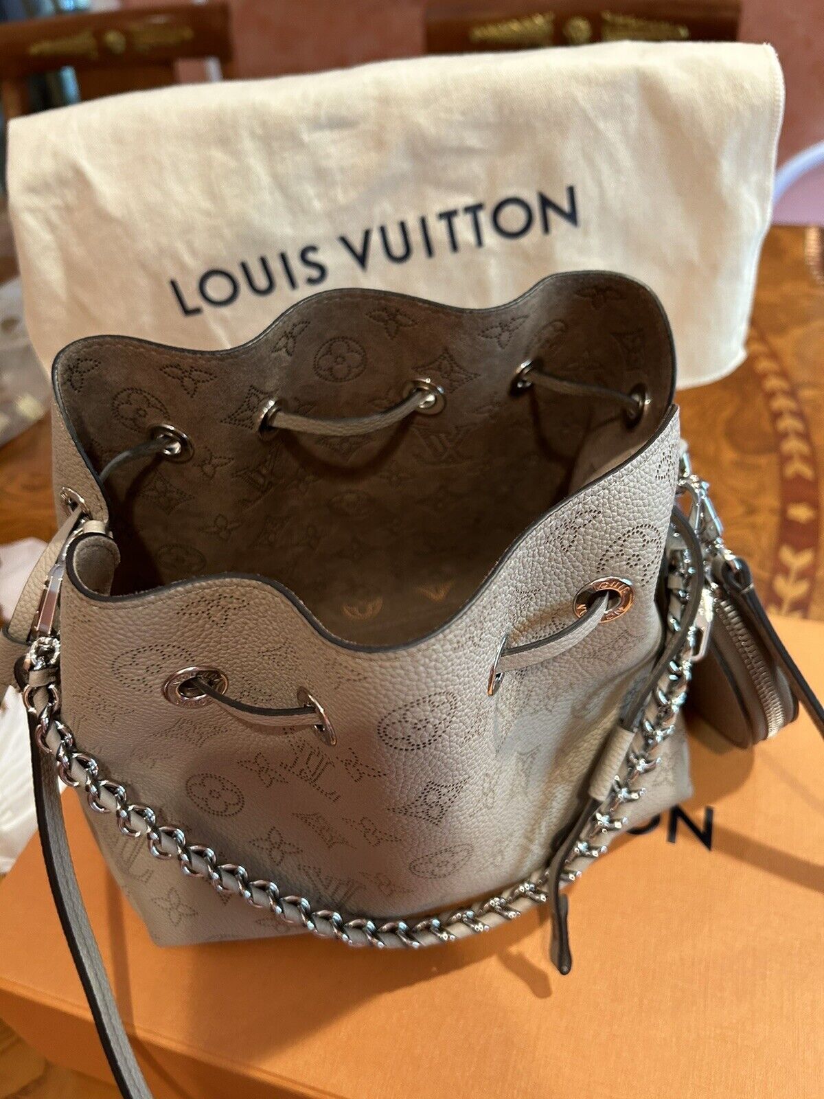 New Authentic Louis Vuitton Bella Bucket Bag In Gray Perforated Monogram  Pattern