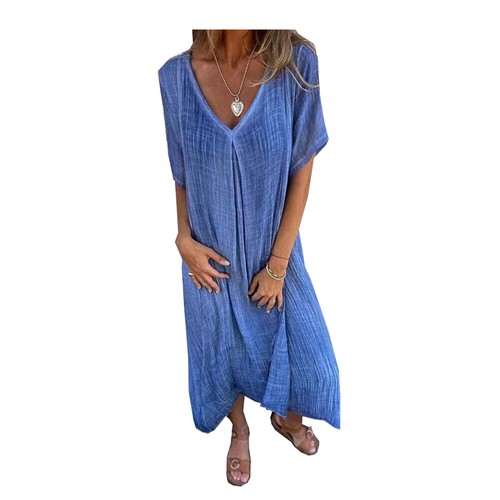 Damen-Baumwoll-Leinen-Kleid Mit V-Ausschnitt Urlaub Lässige Lockere Kleider ≌ - Picture 4 of 15