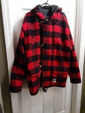 Mens Red Black Plaid Winter Coat With Hood Medium