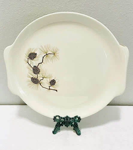 Vintage French Saxon Large Cream Beige Pine Cone 13” Handled Platter Cake Plate