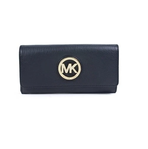 NEW MICHAEL KORS FULTON BLACK LEATHER GOLD FLAP CONTINENTAL WALLET