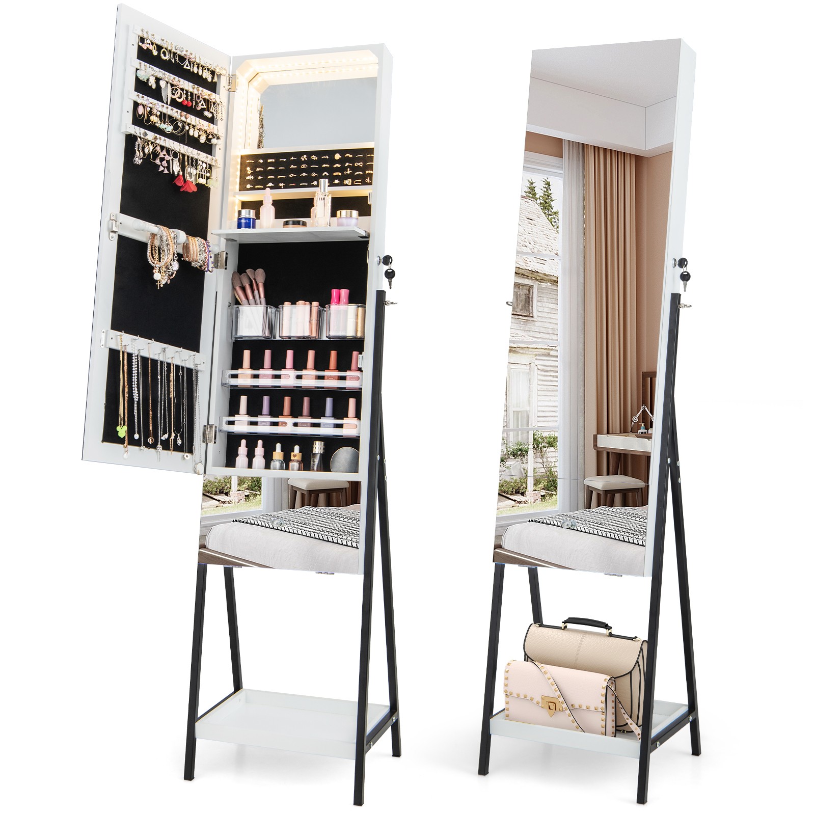 Jewelry Cabinet Armoire Full-Length&nbsp;Mirror with 3-Color LED