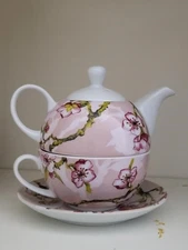 Pretty Pink Floral Teapot with Teacup Stackable Tea For One