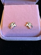 Adorable 925 Silver Enameled Gold plated Children  s Unicorn Earrings And Box