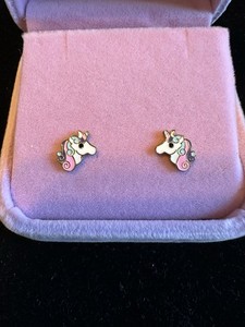Adorable 925 Silver Enameled &Gold plated Children’s Unicorn Earrings And Box