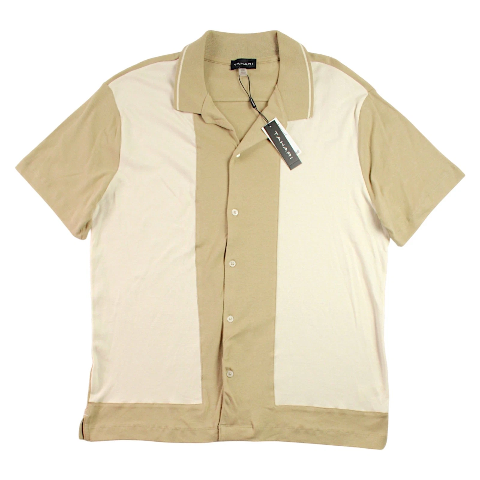 Tahari Shirt Mens Polo Shirt Medium Beige Knit Button Front Short Sleeve Casual