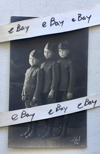 Vintage WWI Era B&W Photo 3 Boys in Military Uniforms Indian Head Patches