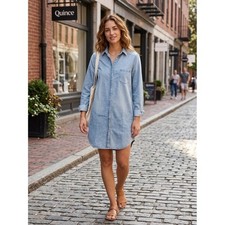 Quince Distressed Denim Shirt Dress Blue Cotton Mini Button Down S KDW01