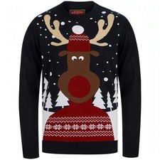 Christmas Snow Scene Rudolph Mens Christmas Jumper Navy Stylish Long Sleeve