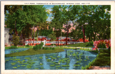Vintage Postcard Lily Pond Tabernacle Winona Lake Indiana Scenic Reflection