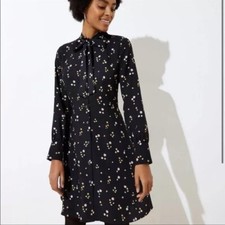 LOFT Boho Floral Tie Neck Flare Dress Black