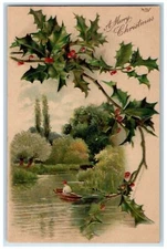 1907 Christmas Man Canoeing Holly Berries Embossed Nash Glenco Mills NY Postcard