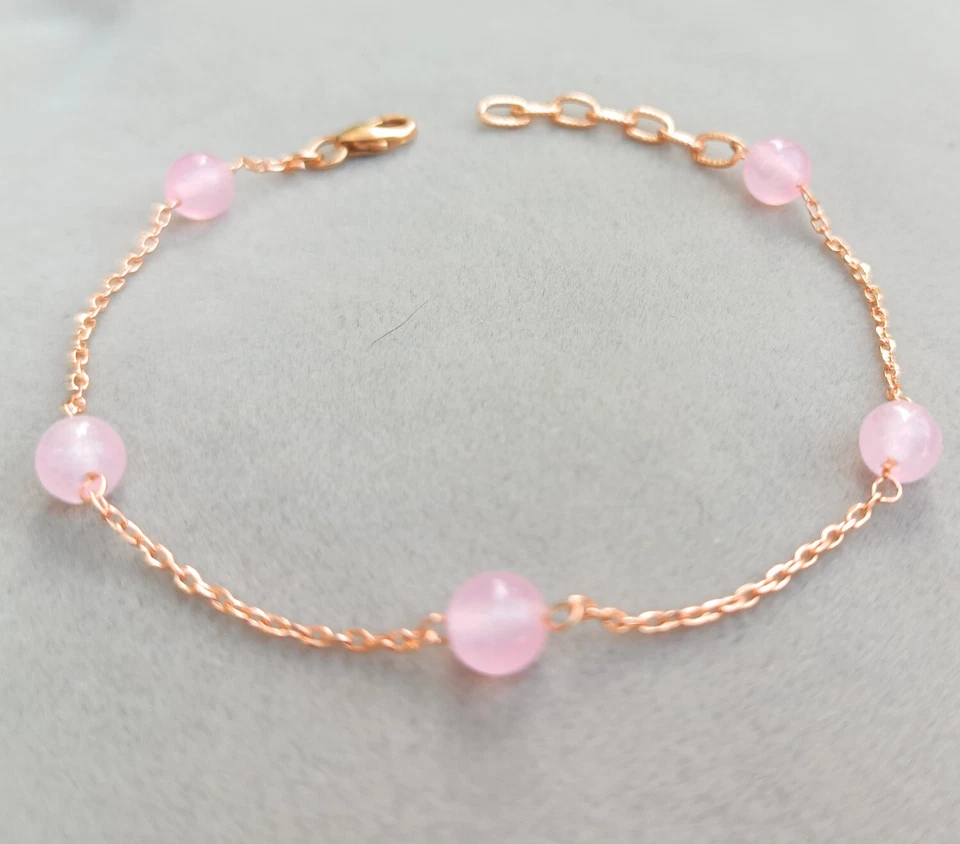 Brazalete chapado en oro rosa de plata de ley 925 con cuentas de piedra de cuarzo rosa natural Foto 4 de 4