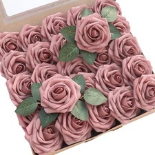 Artificial Flowers 50pcs Real Looking Dusty Rose Foam Fake Roses with Stems f...