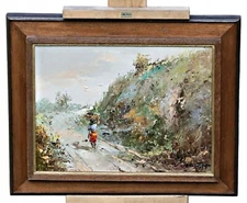 Landscape with a walking woman, oil on canvas painting, illegitebly signed