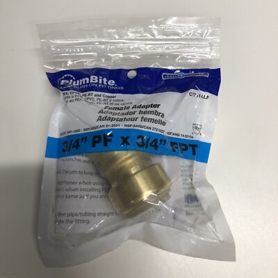 Jones Stephens 3/4  PF X 3/4  FPT Female Adapter - PlumBite Push On (shark bite)