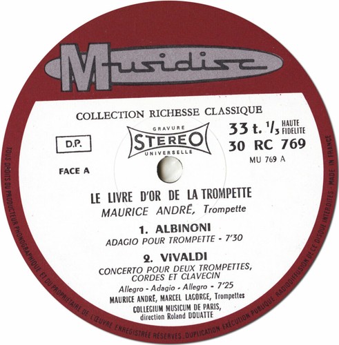 ANDRE Trumpet ALBINONI VIVALDI MOURET SCARLATTI Concertos MUSIDISC 30RC-769 LP - Imagen 3 de 3