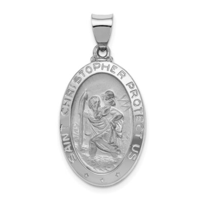 Real 14kt White Gold Polished/Satin St Christopher Medal Hollow Pendant