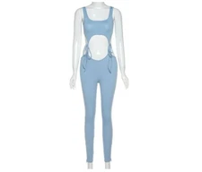 Women Bandage Fitness Matching Sets Sleeveless Sporty Two Piece Skinny Top+Pants