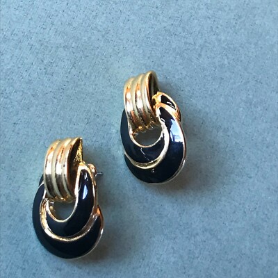 Small Trifari Signed Black Enamel Open Loop Goldtone Post Earrings for Pierced 