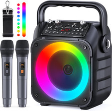Karaoke Machine, Portable Bluetooth Speaker w 2 Wireless Microphones, Lights