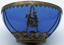 Translucent Blue Peking Glass Bowl in Handmade Signed Metal Holder with Dragons 