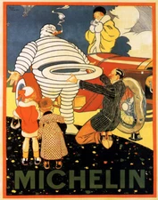 POSTER FAMILY CAR TRIP FLAT TIRE MICHELIN MAN HELPING VINTAGE REPRO FREE S/H