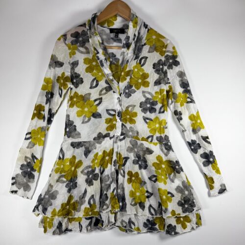 Comfy USA Extra Small Sheer Crinkle Floral Blouse Yellow Gray Peplum Hem Top