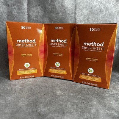 3x Method Dryer Sheets Ginger Mango 80 Sheets Per Box